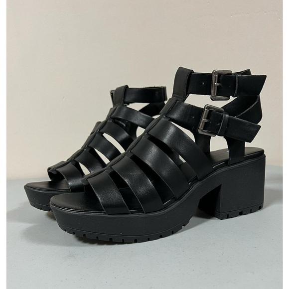 SO Black ‘Bayleigh’ Strappy Chunky Leather Open-Toe Sandals Shoes Heels Size 9🖤 - Picture 2 of 6